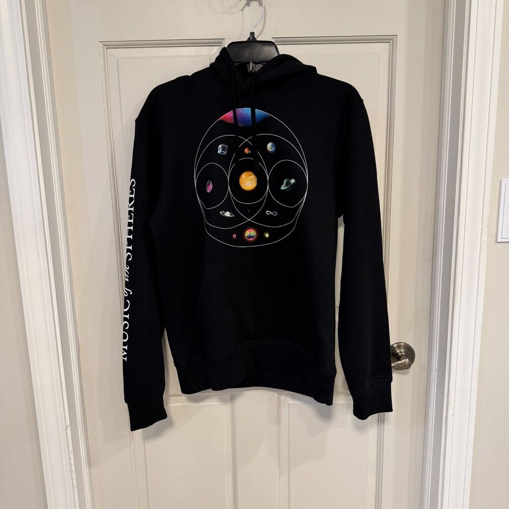 Coldplay Music of the Spheres Hoodie Mens M Black Pullover Graphic Band Tour